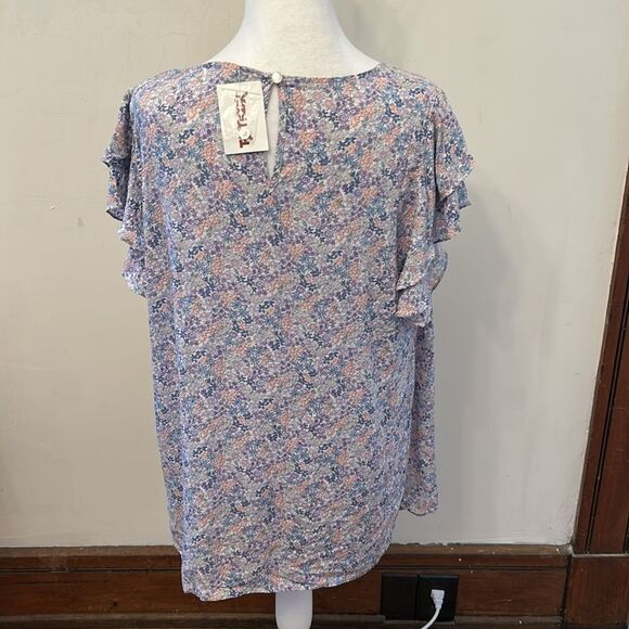 Cynthia Rowley purple pink floral ruffle cap sleeve blouse Size XL New - Picture 3 of 9